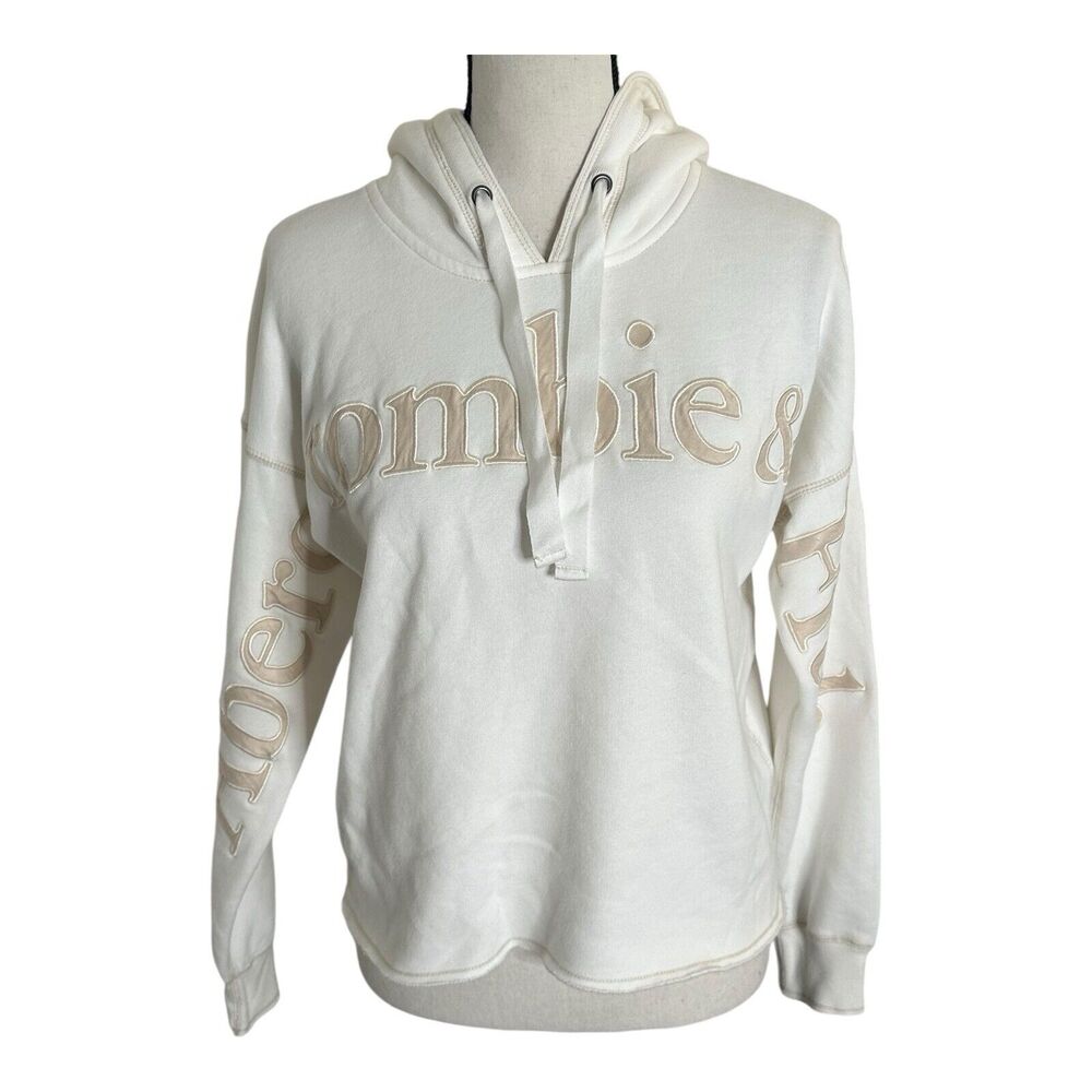 Abercrombie and Fitch Cream Cropped Hoodie‎ XS Embroidered Logo Pullover